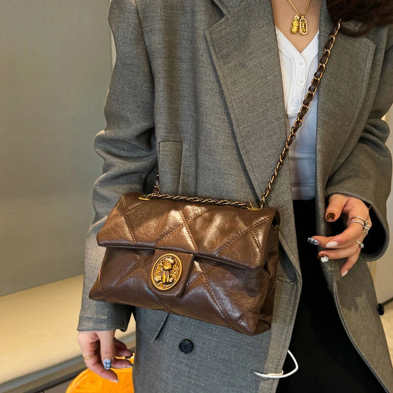 Women's Luxury Lingge Pattern PU Leather Crossbody Bag — Designer Underarm Shoulder Handbag