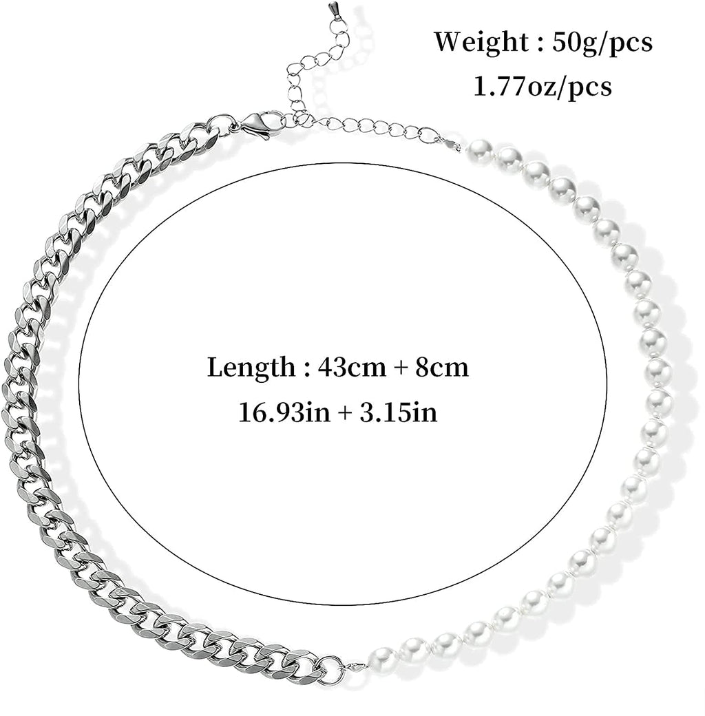 Men's Half Pearl Half Cuban Link Chain Necklace — Stainless Steel Silver Jewellery (43 cm)