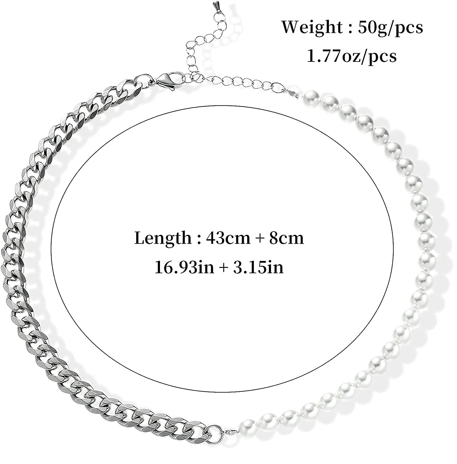 Men's Half Pearl Half Cuban Link Chain Necklace — Stainless Steel Silver Jewellery (43 cm)