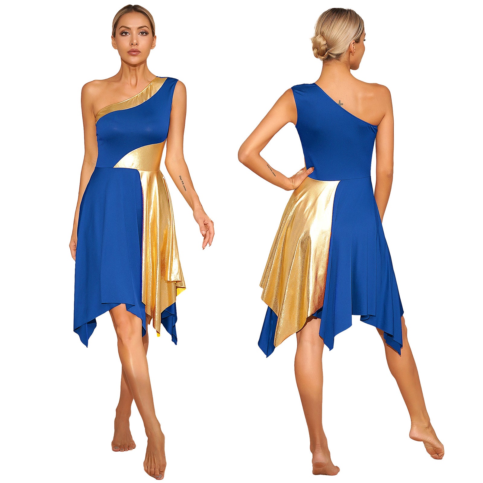 Women's Polyester-Spandex One-Shoulder Metallic Lyrical Dance Worship Dress