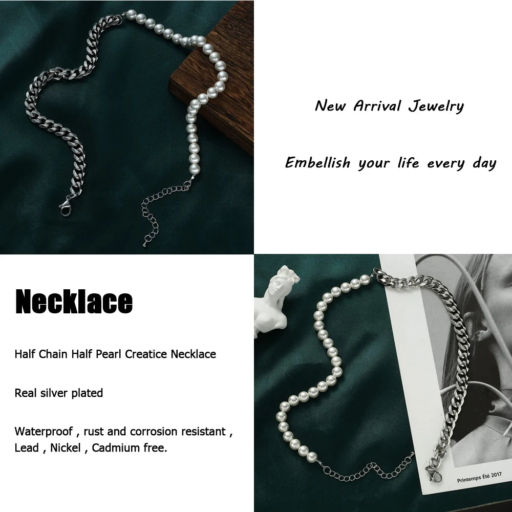 Men's Half Pearl Half Cuban Link Chain Necklace — Stainless Steel Silver Jewellery (43 cm)
