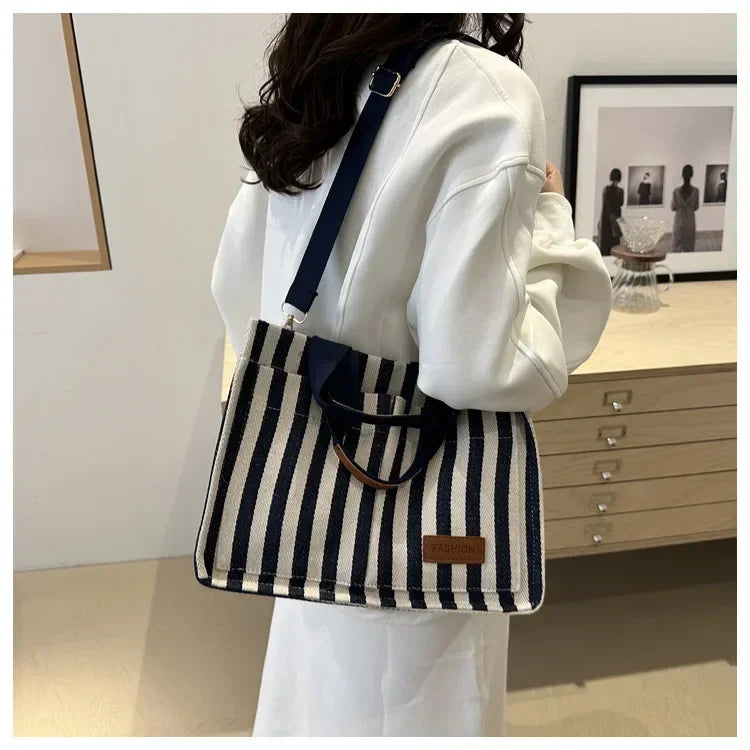 Women's Large Capacity Striped Canvas Shoulder Bag — Versatile Commuter & Travel Tote