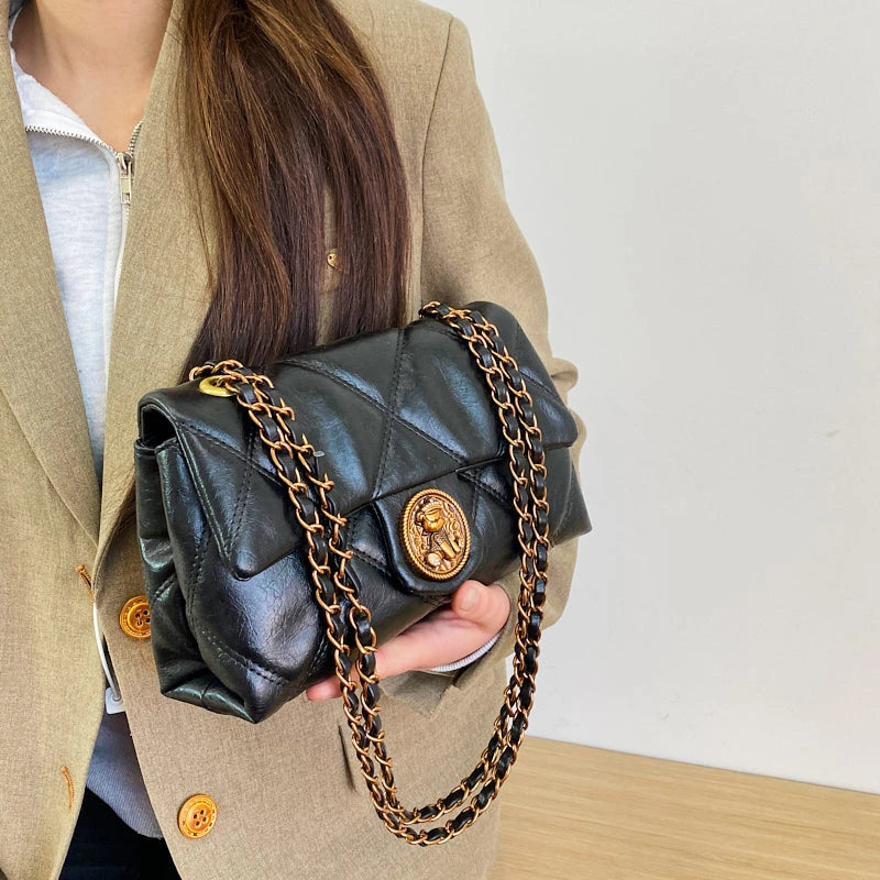 Women's Luxury Lingge Pattern PU Leather Crossbody Bag — Designer Underarm Shoulder Handbag