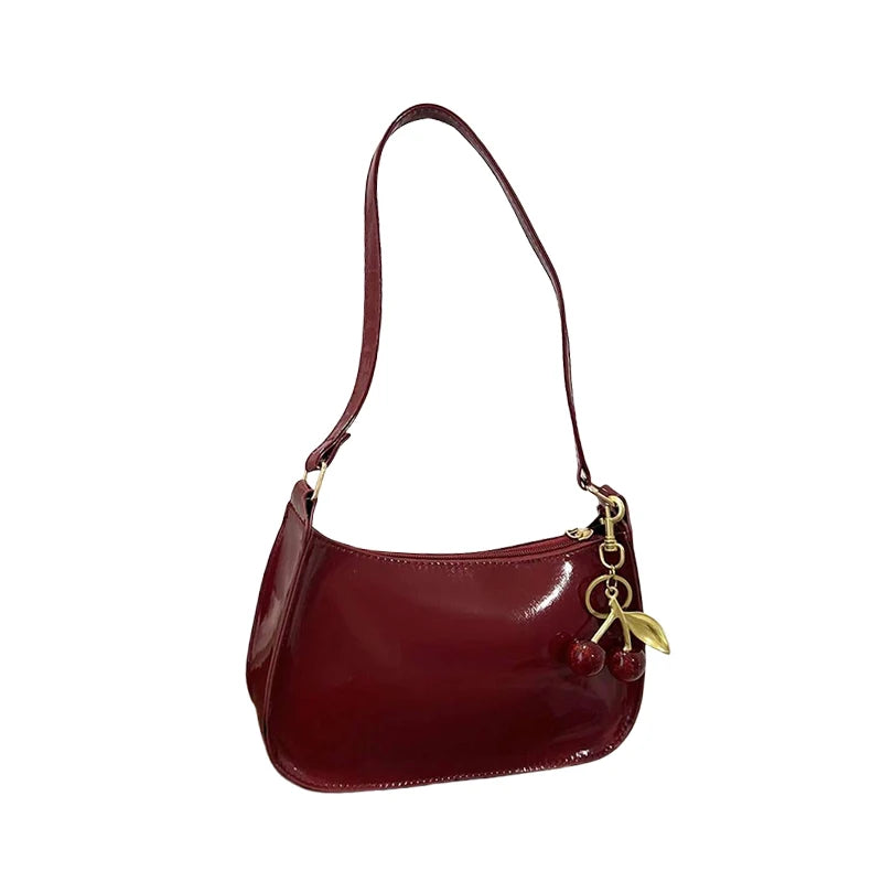 Women's PU Leather Shoulder Bag — Solid Colour Cherry Pendant Casual Underarm Bag