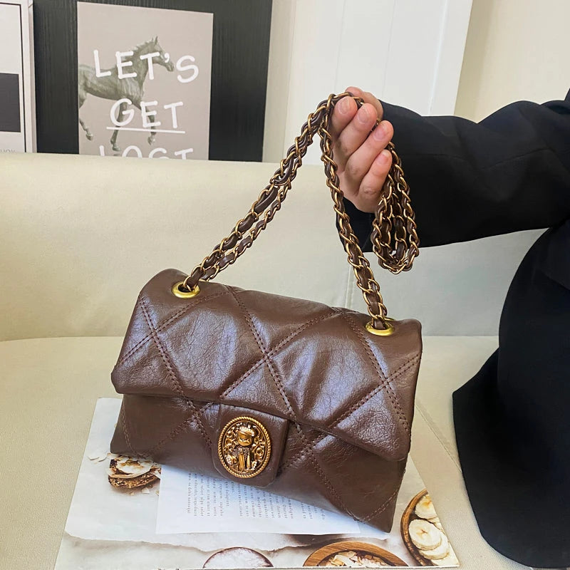 Women's Luxury Lingge Pattern PU Leather Crossbody Bag — Designer Underarm Shoulder Handbag