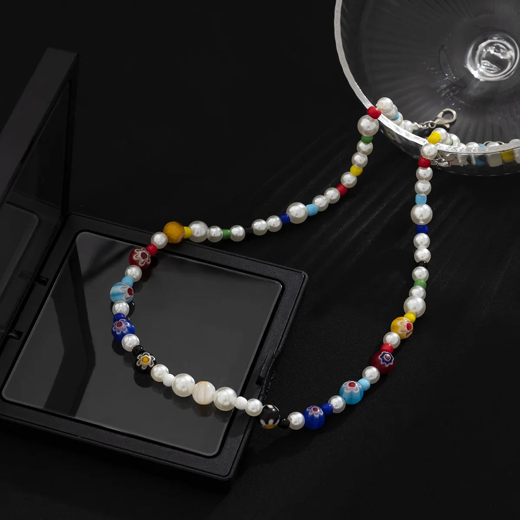 Men's Glass Flower Beaded Choker Necklace — Hip-Hop Gothic Punk Layered Pendant Chain