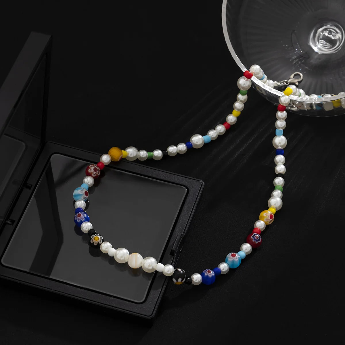 Men's Glass Flower Beaded Choker Necklace — Hip-Hop Gothic Punk Layered Pendant Chain