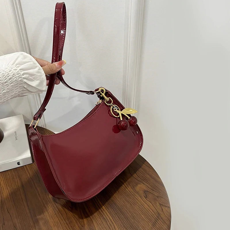Women's PU Leather Shoulder Bag — Solid Colour Cherry Pendant Casual Underarm Bag