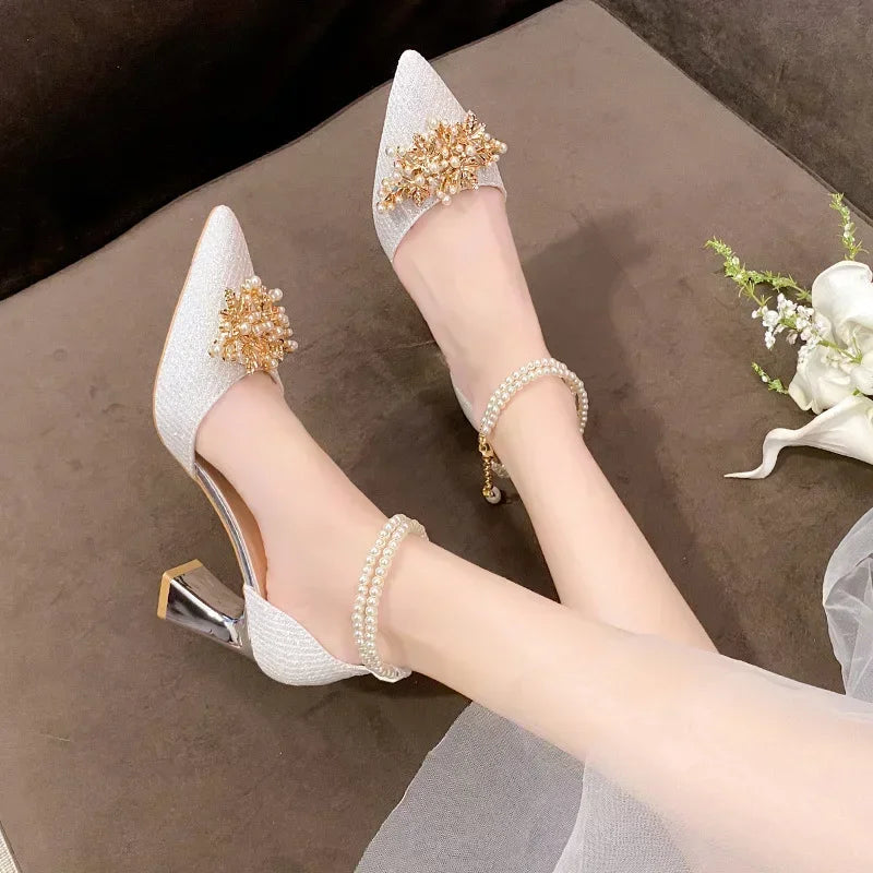 Women's Pointed Toe Metal Beaded High Heel Wedding Banquet Pumps