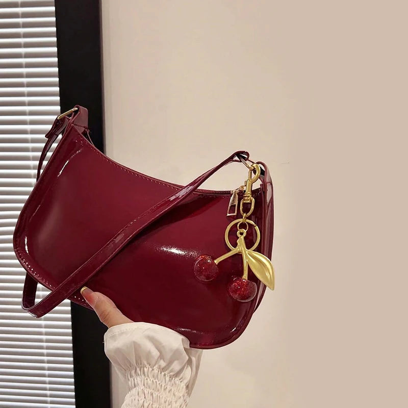 Women's PU Leather Shoulder Bag — Solid Colour Cherry Pendant Casual Underarm Bag