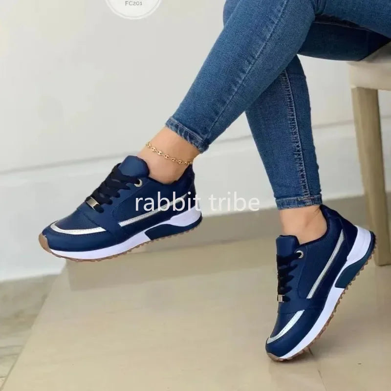 Women's Lace-Up Height-Increasing Sneakers — Mixed Colour Mid Heel Casual Shoes