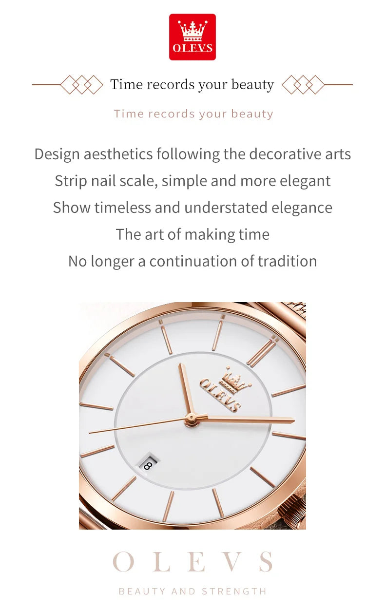 OLEVS Women's Rose Gold Quartz Watch — Luxury Stainless Steel Bracelet Gift Set