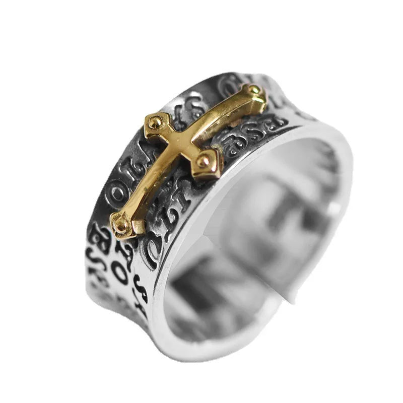 Men's Retro Two-Tone Cross Ring — Adjustable Copper Silver Plated Luxury Statement Ring