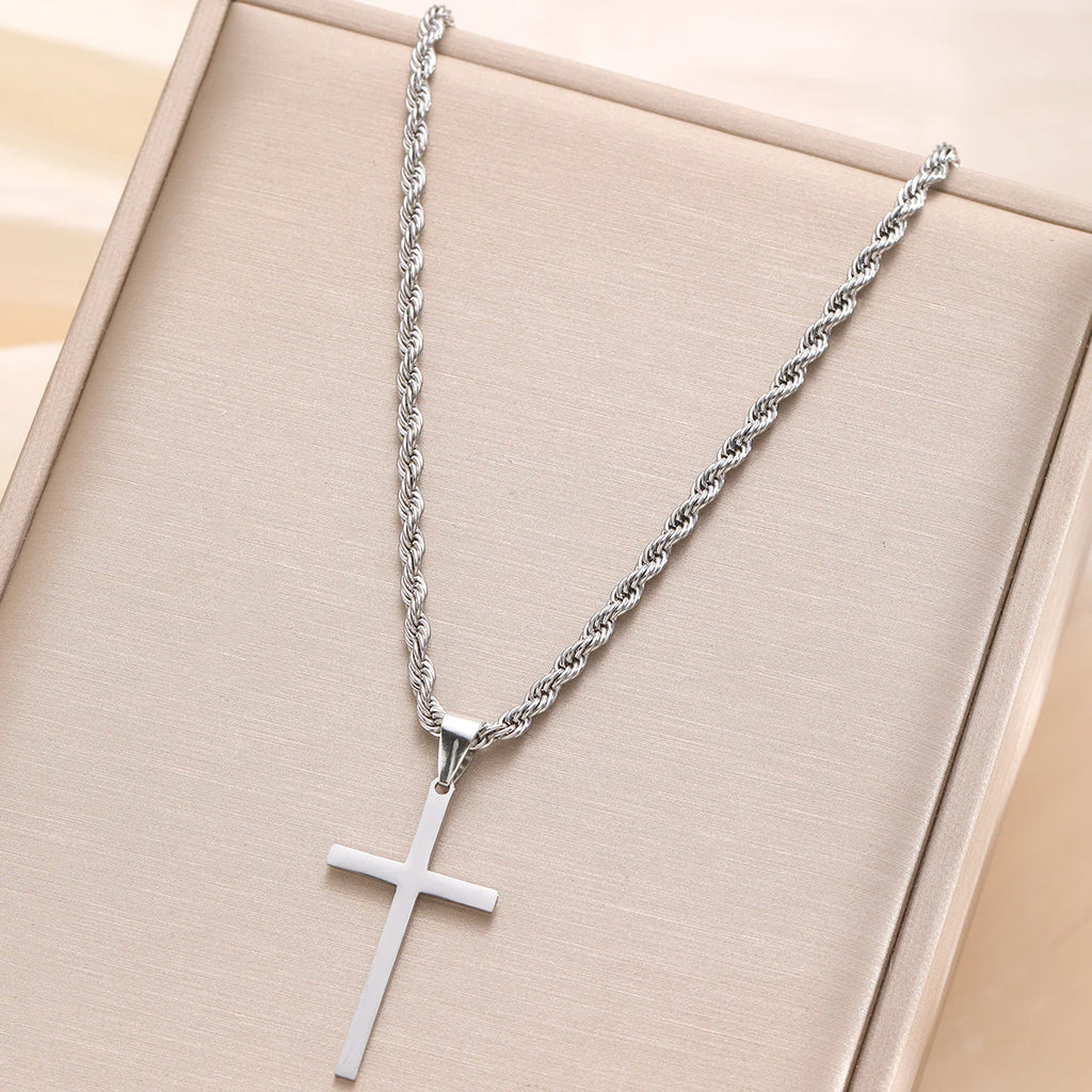 Men's Stainless Steel Cross Pendant Necklace — Minimalist Gold Colour Rope Chain Choker