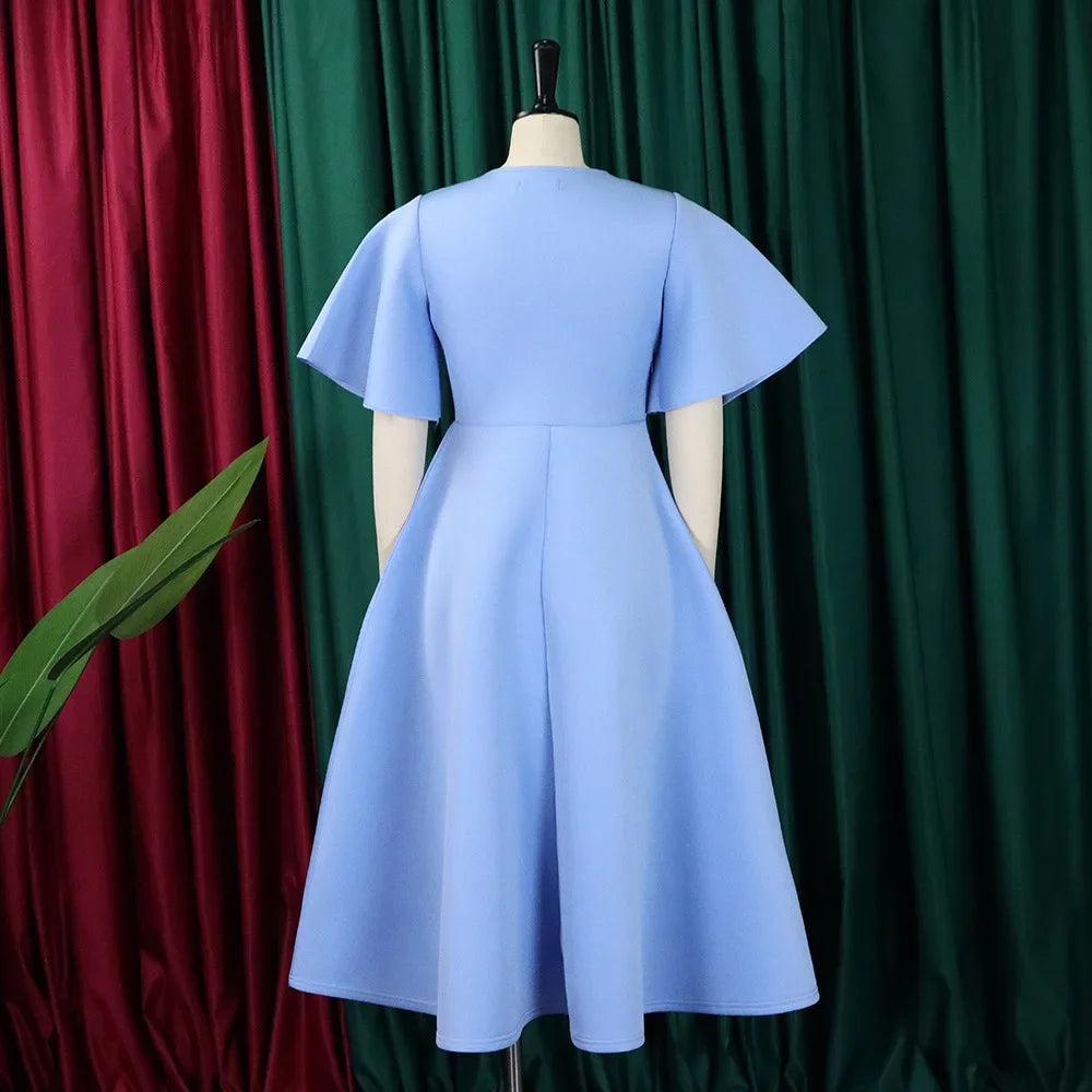 Women's V-Neck Flare Sleeve High Waist Pleated A-Line Dress