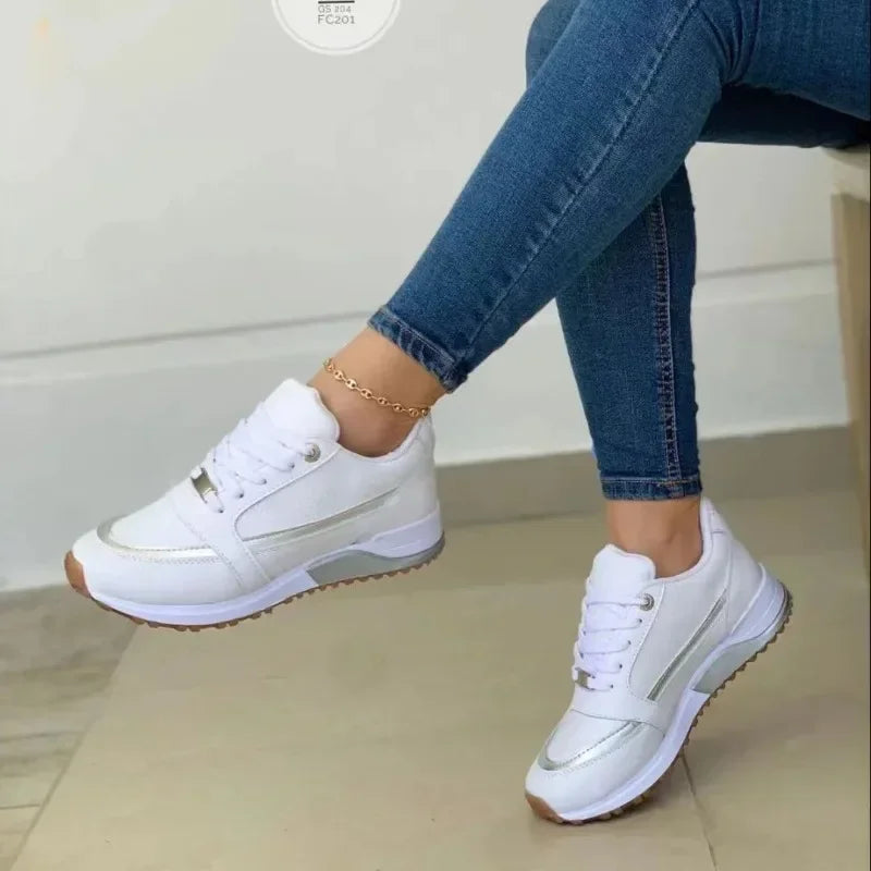 Women's Lace-Up Height-Increasing Sneakers — Mixed Colour Mid Heel Casual Shoes