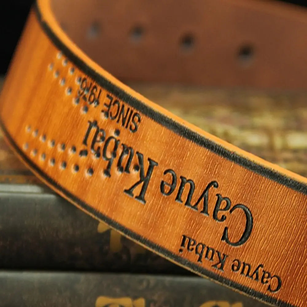 Men's Luxury Letter Print PU Leather Belt — Classic Buckle Cowboy Vintage Waistband (110 cm)