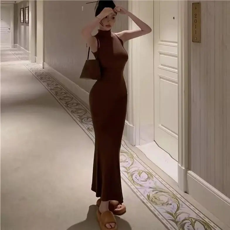 Women's Turtleneck Knit Bodycon Ankle-Length Maxi Dress