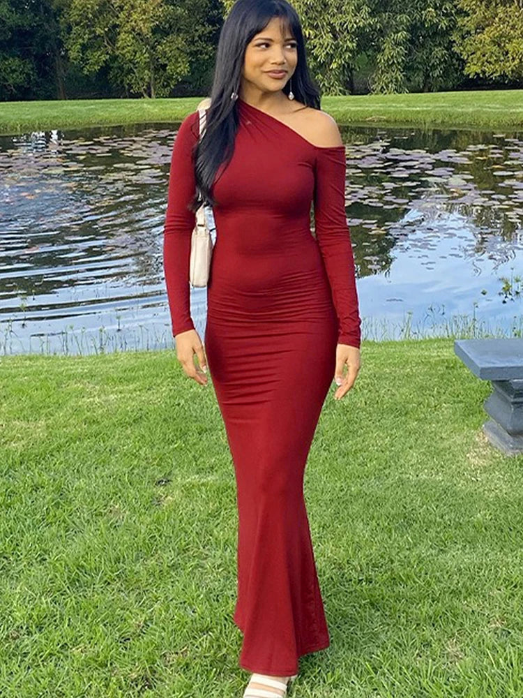 Women's Polyester-Elastane Knit One-Shoulder Backless Slim Club Dress