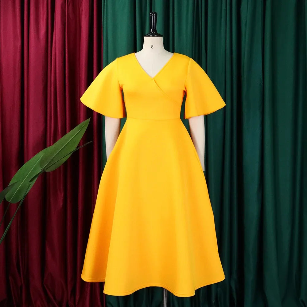 Women's V-Neck Flare Sleeve High Waist Pleated A-Line Dress