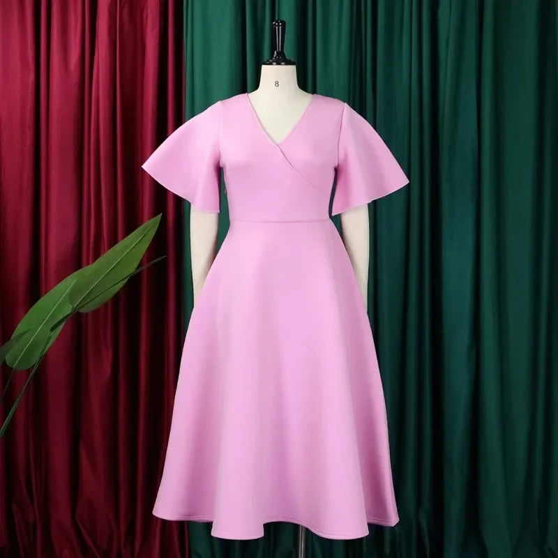 Women's V-Neck Flare Sleeve High Waist Pleated A-Line Dress