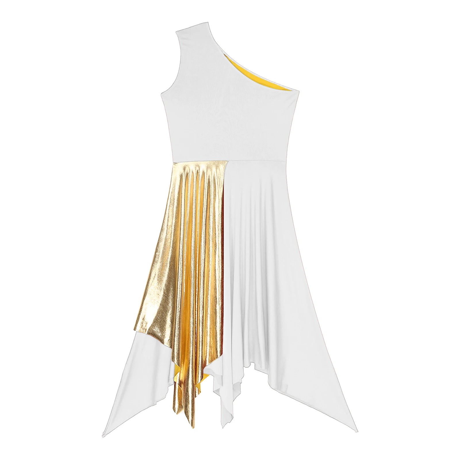 Women's Polyester-Spandex One-Shoulder Metallic Lyrical Dance Worship Dress