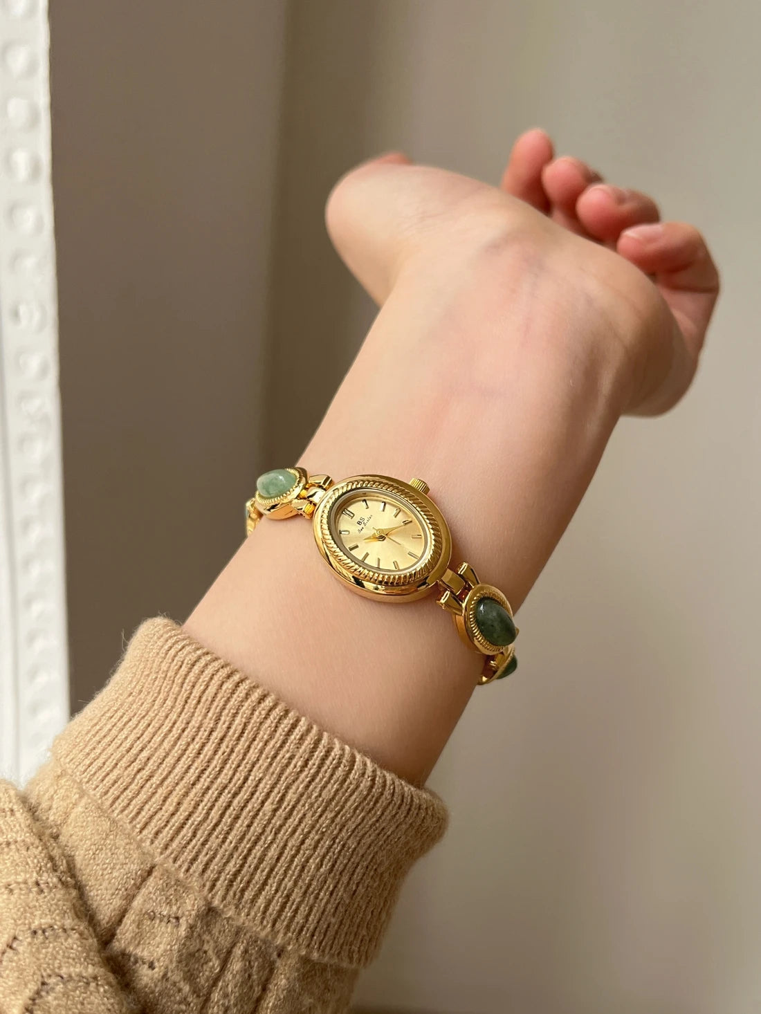 Women's Luxury Jade Green Jewelry Bracelet Quartz Dress Wristwatch