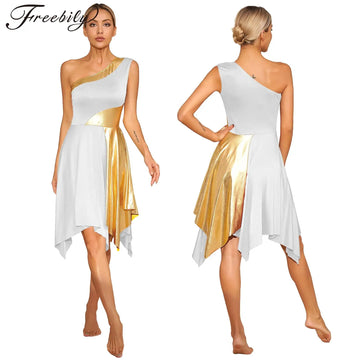 Women's Polyester-Spandex One-Shoulder Metallic Lyrical Dance Worship Dress