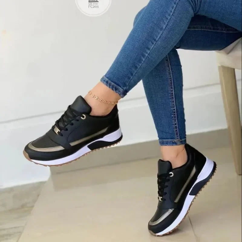 Women's Lace-Up Height-Increasing Sneakers — Mixed Colour Mid Heel Casual Shoes