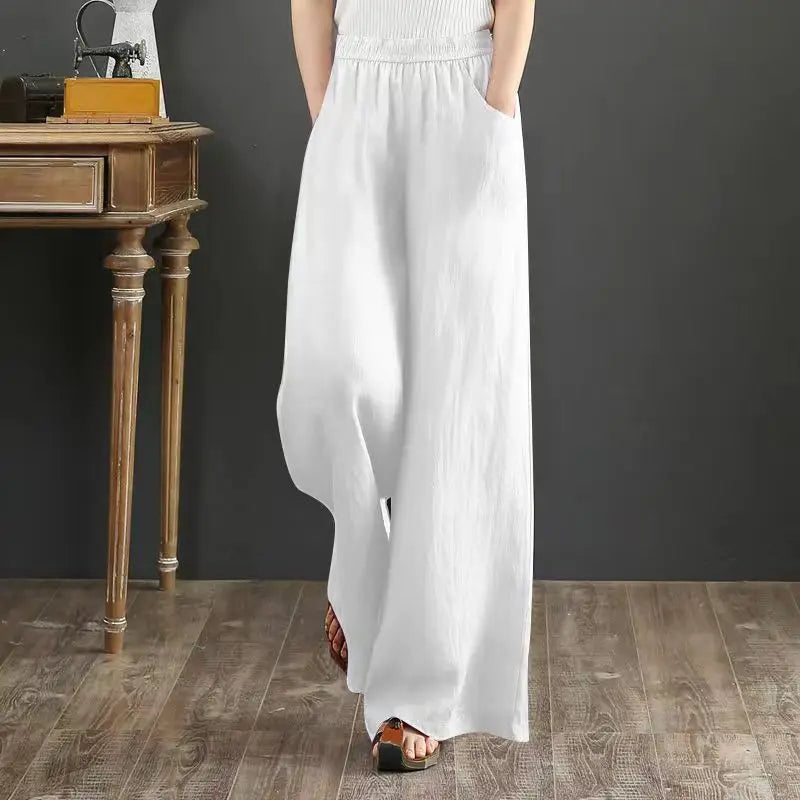TrendLux Women's Linen Cotton Casual Trousers – Elastic Waist Wide Leg Pants