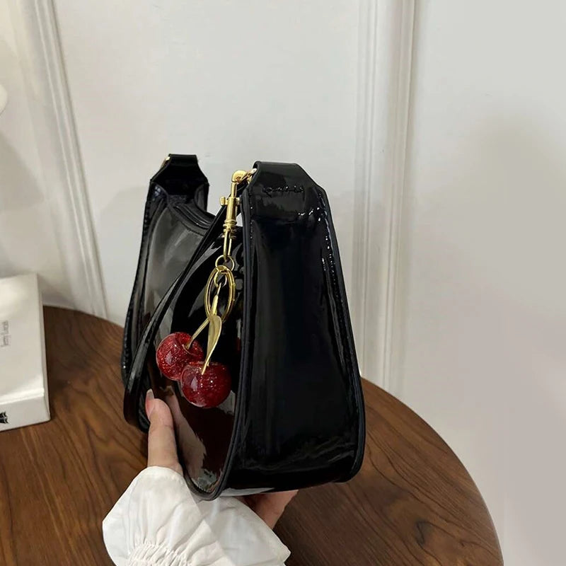 Women's PU Leather Shoulder Bag — Solid Colour Cherry Pendant Casual Underarm Bag