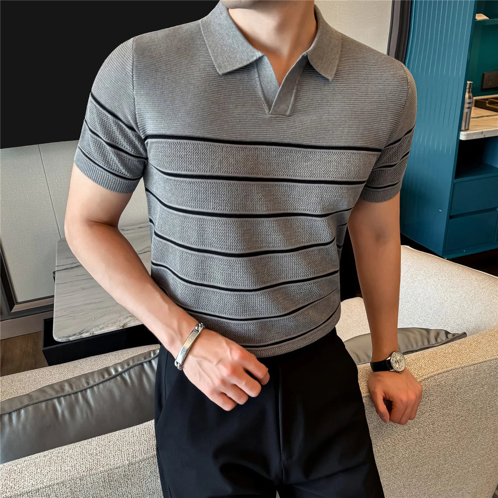 Men's Slim-Fit Knitted Striped T-Shirt — Smart Casual Turn-Down Collar