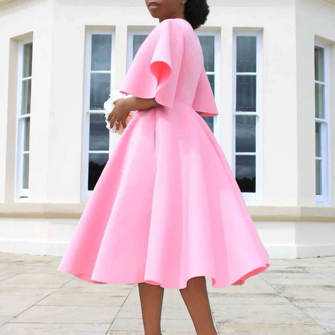Women's V-Neck Flare Sleeve High Waist Pleated A-Line Dress