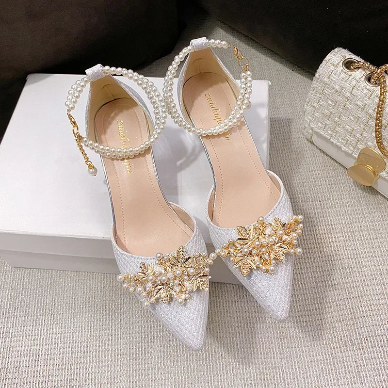 Women's Pointed Toe Metal Beaded High Heel Wedding Banquet Pumps