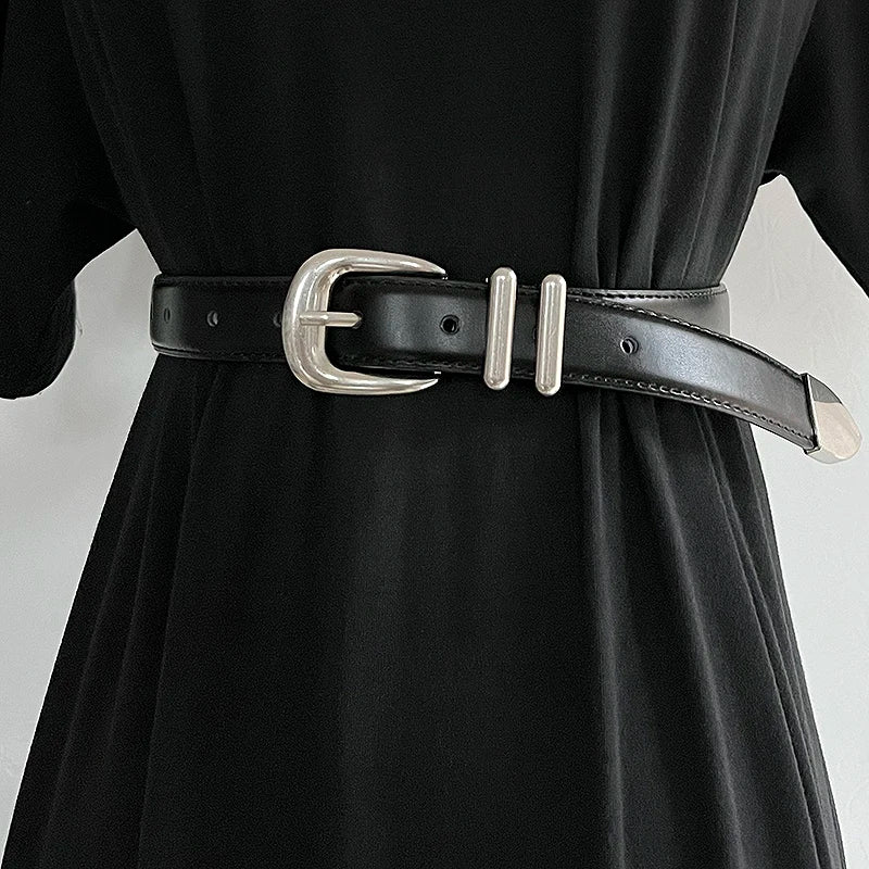 Women's Real Leather Jeans Belt — Metal Buckle Casual Waistband (104 cm)