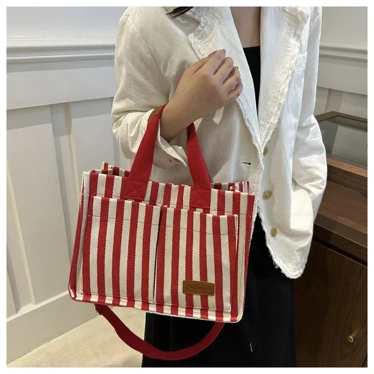 Women's Large Capacity Striped Canvas Shoulder Bag — Versatile Commuter & Travel Tote