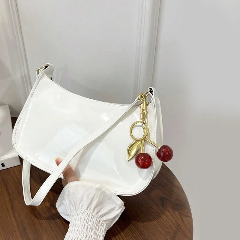 Women's PU Leather Shoulder Bag — Solid Colour Cherry Pendant Casual Underarm Bag