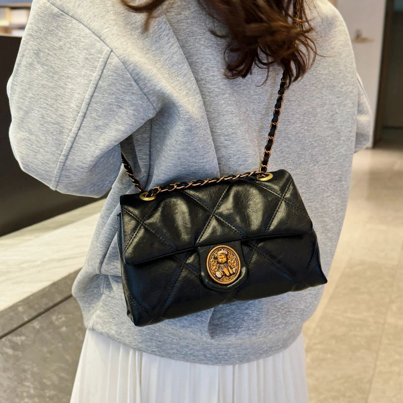 Women's Luxury Lingge Pattern PU Leather Crossbody Bag — Designer Underarm Shoulder Handbag