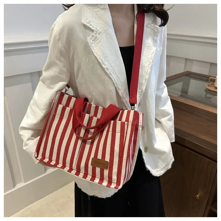 Women's Large Capacity Striped Canvas Shoulder Bag — Versatile Commuter & Travel Tote