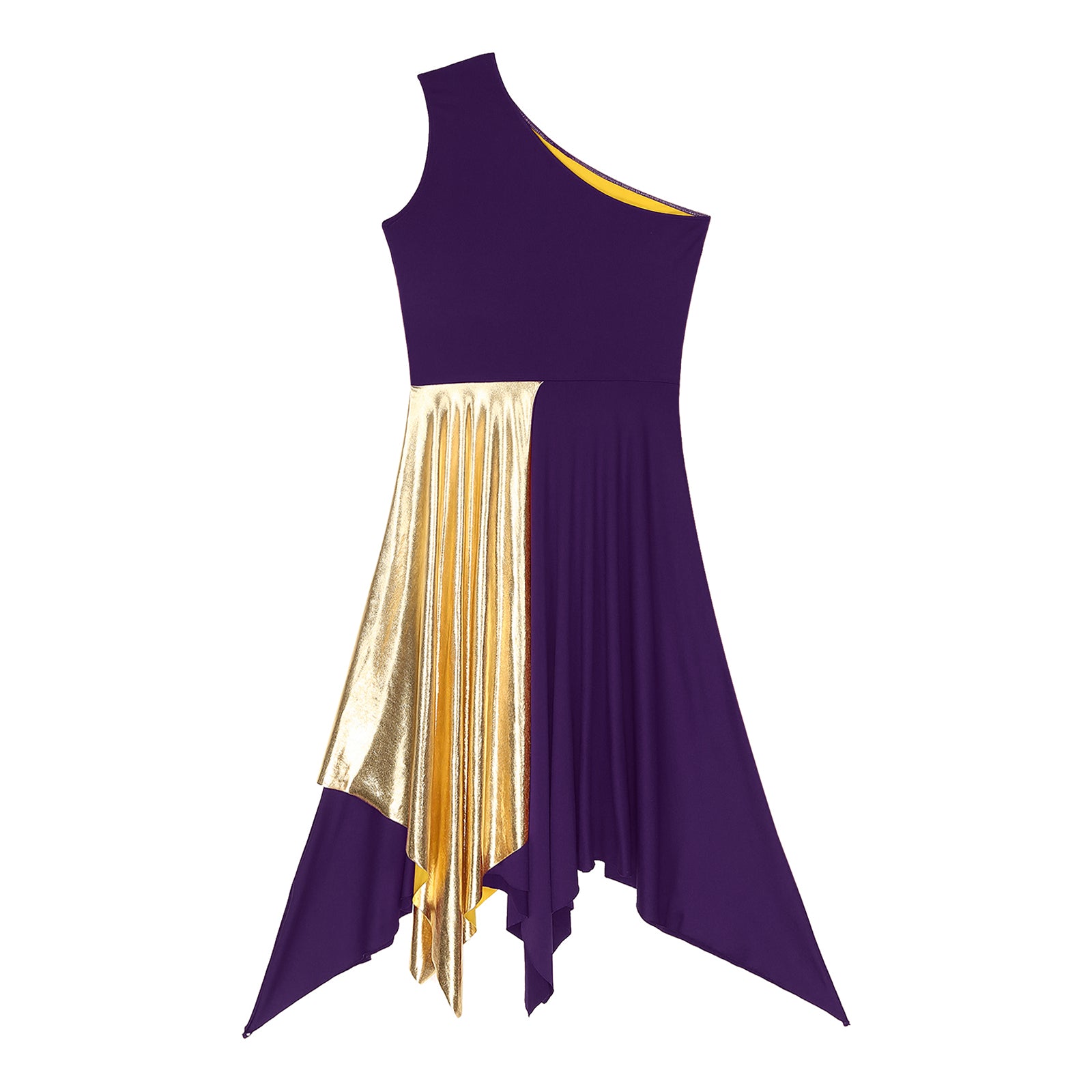Women's Polyester-Spandex One-Shoulder Metallic Lyrical Dance Worship Dress