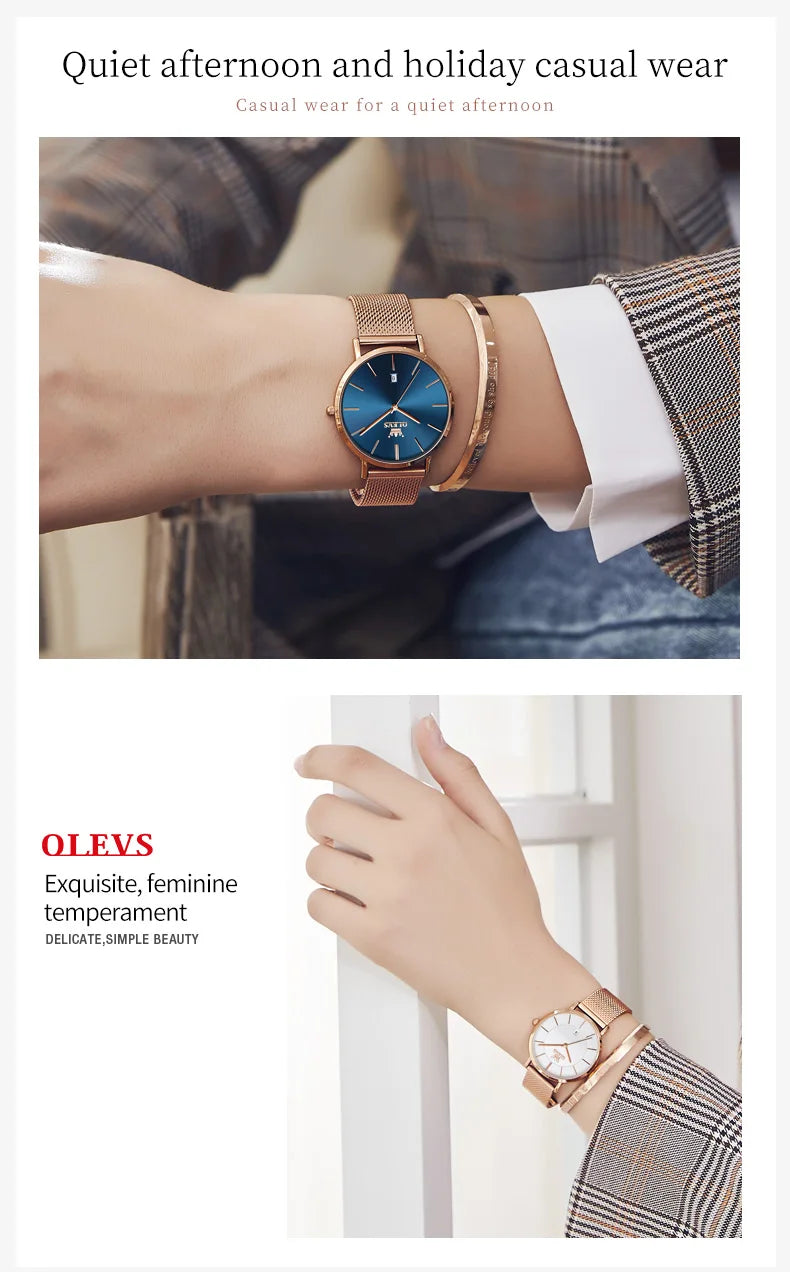 OLEVS Women's Rose Gold Quartz Watch — Luxury Stainless Steel Bracelet Gift Set