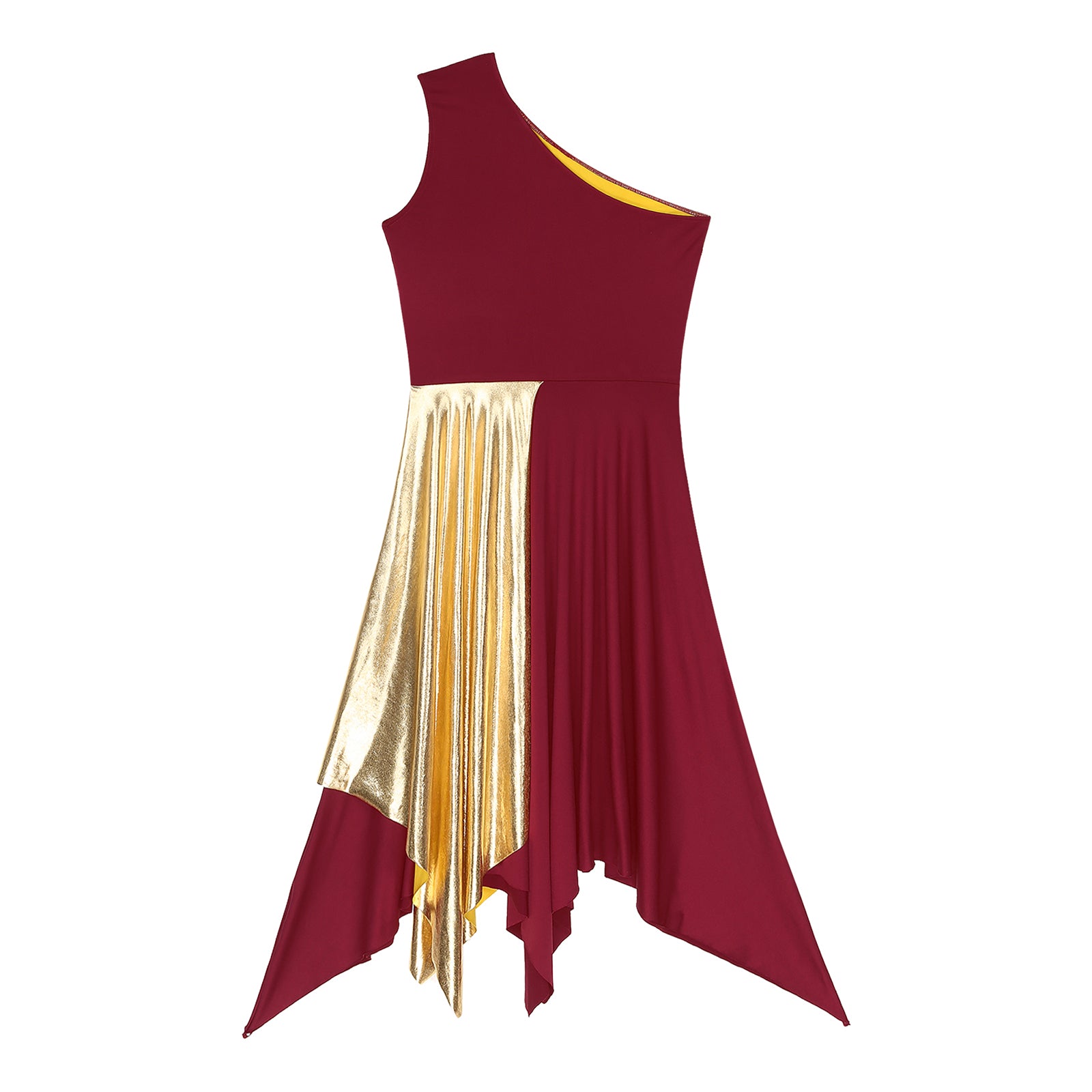 Women's Polyester-Spandex One-Shoulder Metallic Lyrical Dance Worship Dress