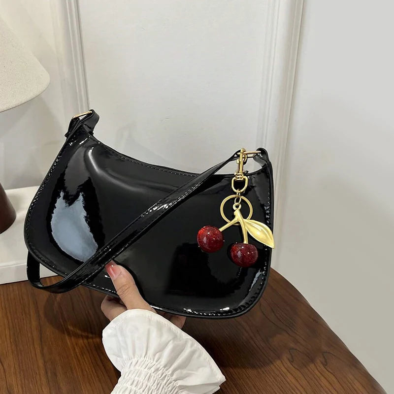 Women's PU Leather Shoulder Bag — Solid Colour Cherry Pendant Casual Underarm Bag