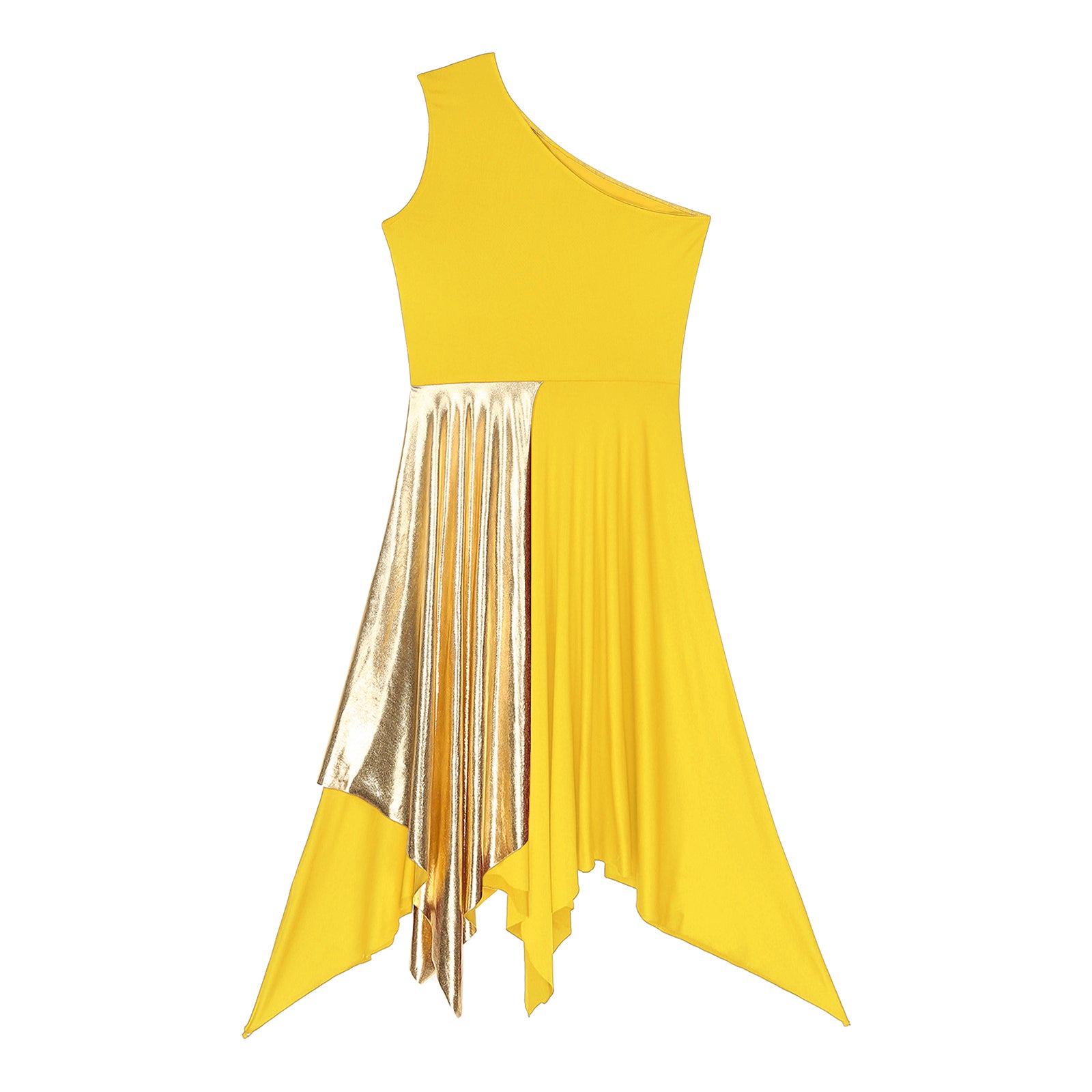 Women's Polyester-Spandex One-Shoulder Metallic Lyrical Dance Worship Dress