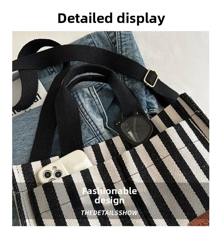 Women's Large Capacity Striped Canvas Shoulder Bag — Versatile Commuter & Travel Tote