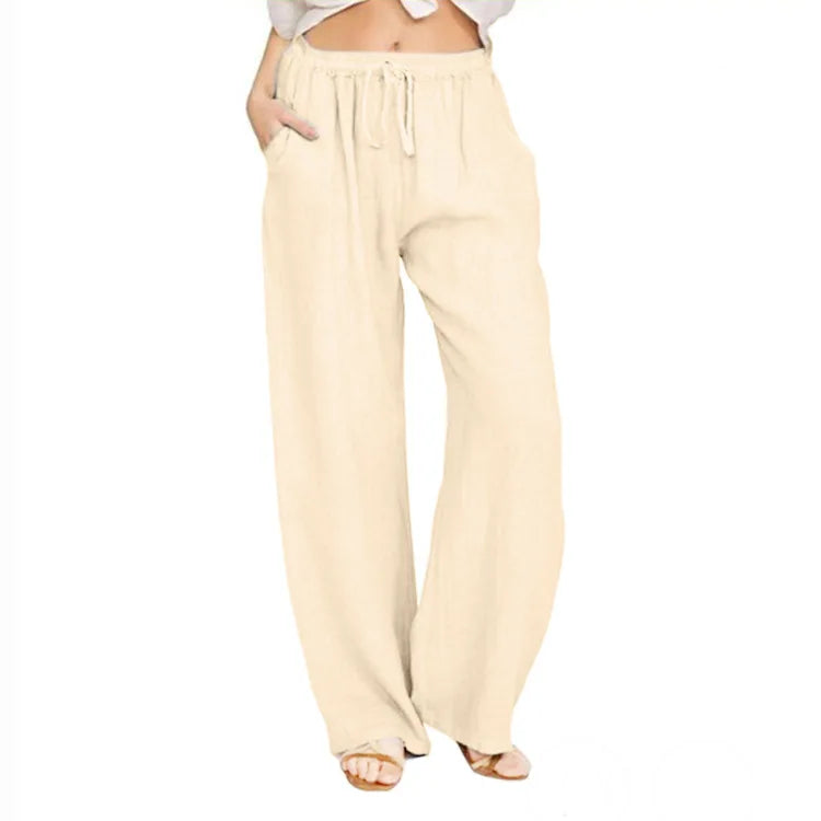 TrendLux Women's Linen Cotton Casual Trousers – Elastic Waist Wide Leg Pants