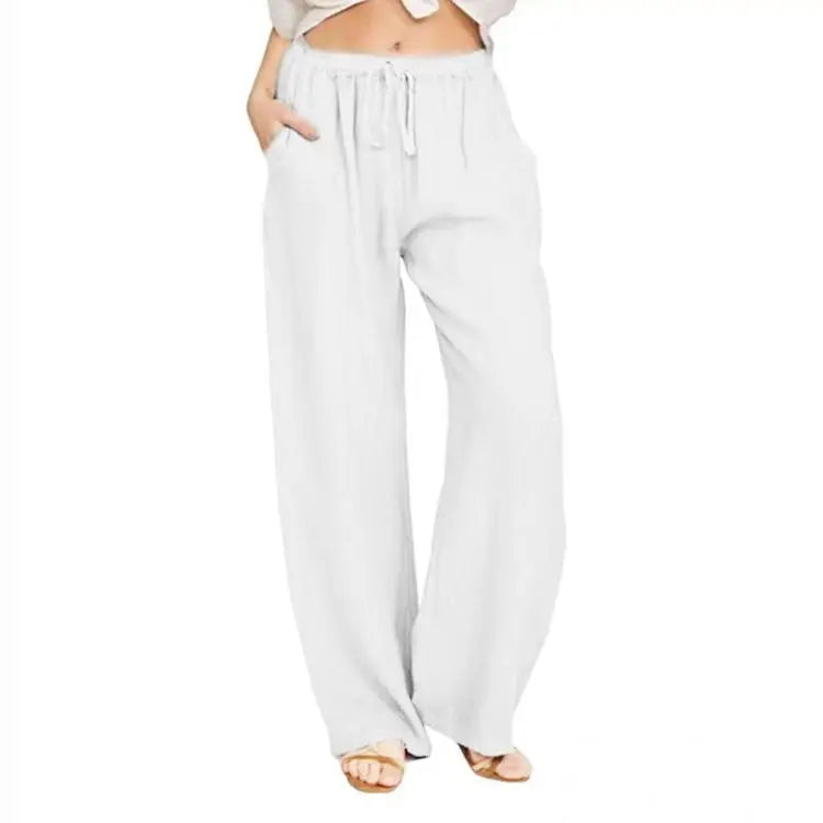 TrendLux Women's Linen Cotton Casual Trousers – Elastic Waist Wide Leg Pants