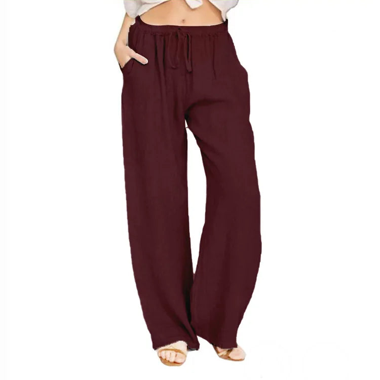 TrendLux Women's Linen Cotton Casual Trousers – Elastic Waist Wide Leg Pants