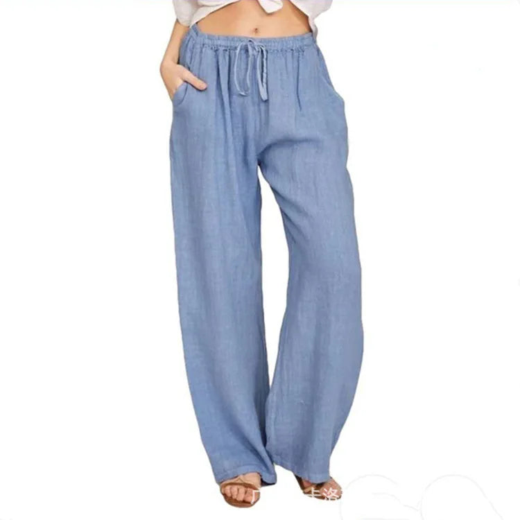 TrendLux Women's Linen Cotton Casual Trousers – Elastic Waist Wide Leg Pants