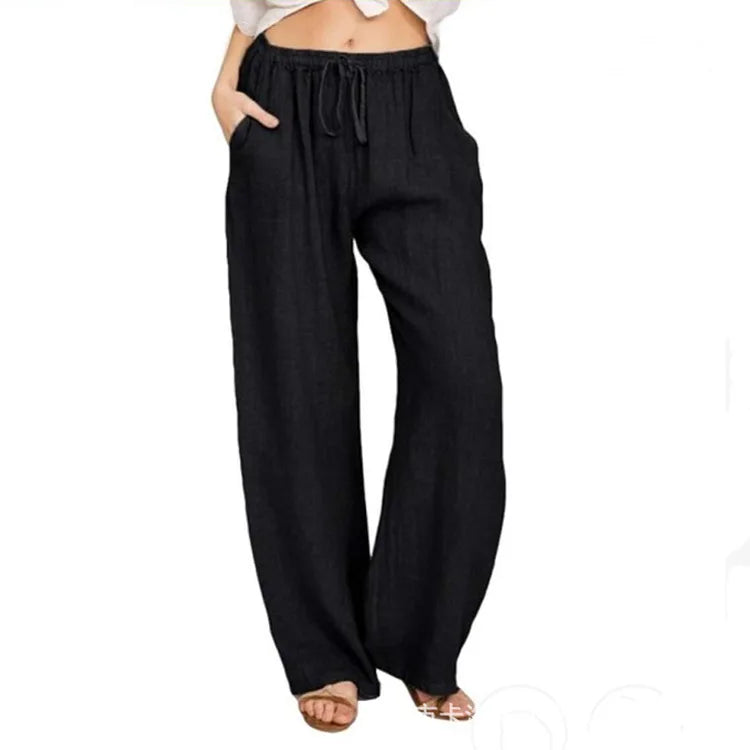 TrendLux Women's Linen Cotton Casual Trousers – Elastic Waist Wide Leg Pants